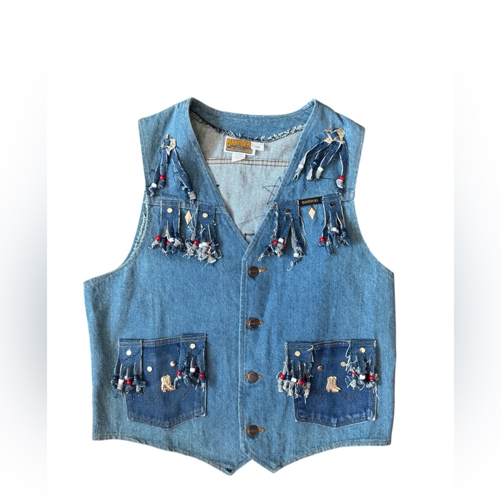 Dickies Branders Denim Vest Sz L Western Fringe Beaded Texas Flag Patch USA